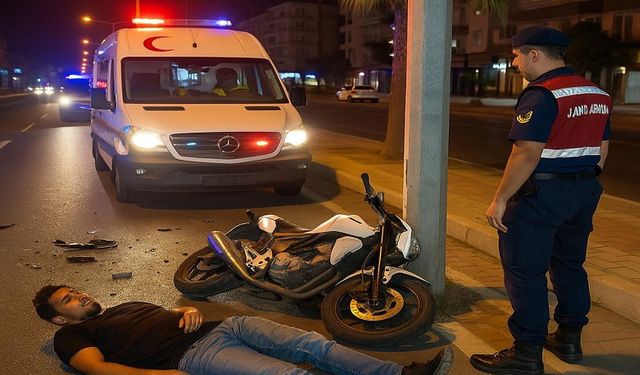 Mahmutlar’da Gece Kazası: Motosiklet Direğe Çarptı, Sürücü Yaralı