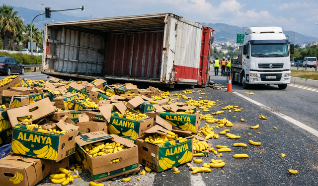 Alanya’dan Yüklenen Muzlar Yola Saçıldı: Kamyonun Kasası Yolda Kaldı