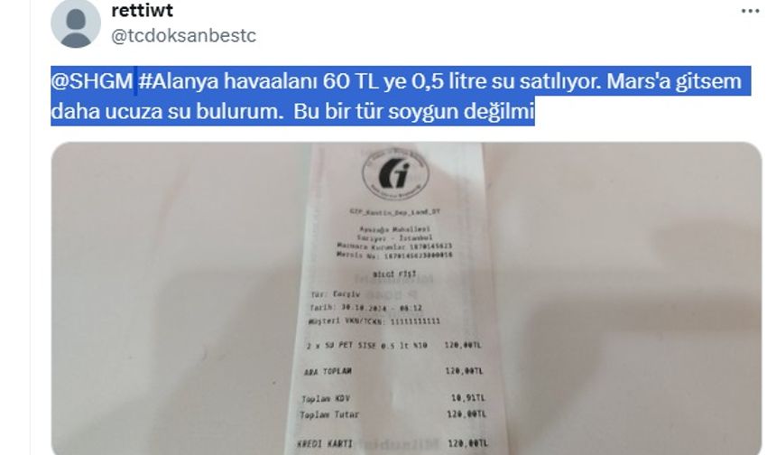 Alanya Havalimanında 0.5 Litre Su 60 TL: Yolcudan Sert Eleştiri