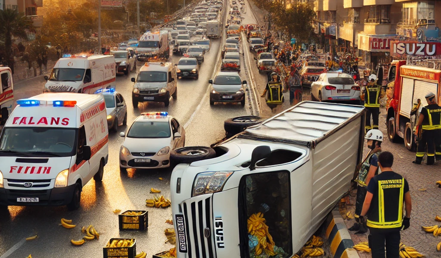 Alanya’da Kaza Paniği: Muz Yüklü Kamyonet Devrildi, Trafik Uzun Kuyruklara Sebep Oldu