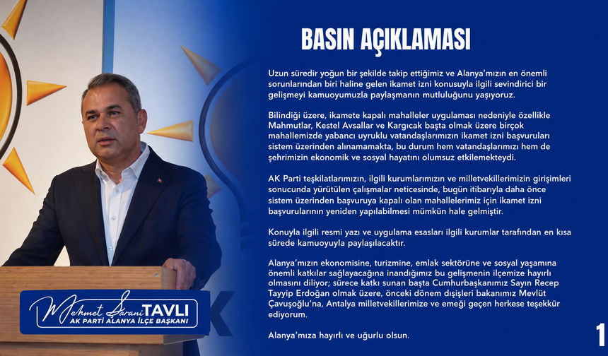 AK Parti’den Alanya’ya İkamet Müjdesi