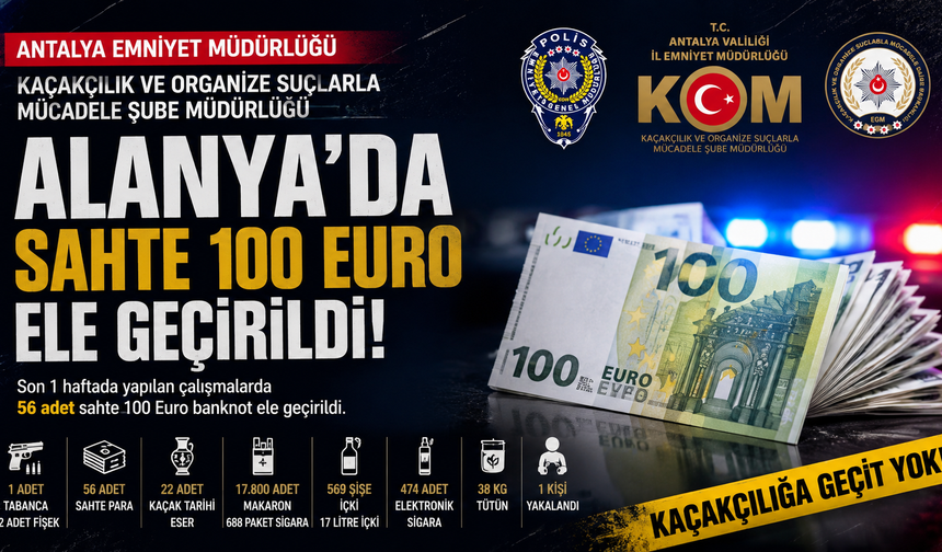 Alanya’da Sahte 100 Euro Operasyonu: 56 Banknot Ele Geçirildi